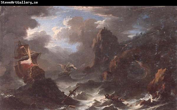 unknow artist A coastal landscape with shipping in a storm,figures shipwrecked in the foreground